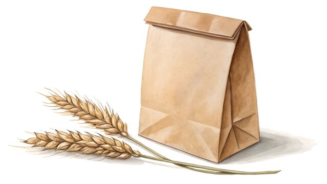 Brown paper bag with wheat stalks representing organic bakery and natural food packaging