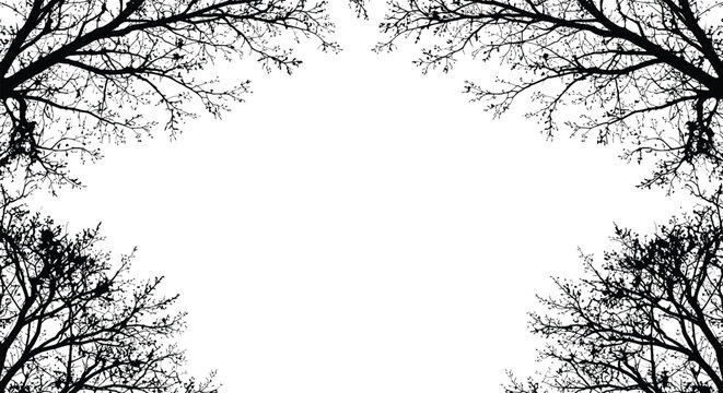 A serene landscape with bare trees framing a white background in a symmetrical composition.