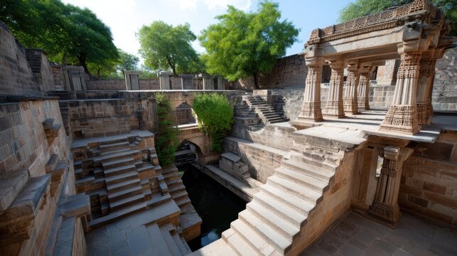 Ancient stepwell in Gujarat with geometric stair patterns copy space