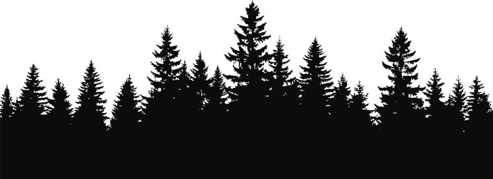 A simple black silhouette of a forest with trees of varying heights against a white background.