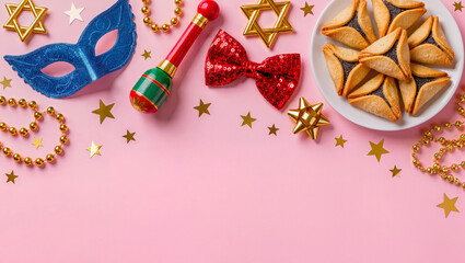 Purim Celebration Flat Lay with Hamantaschen and Masquerade Elements with copyspace