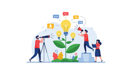 Team of business professionals collaborate around a growing plant with lightbulbs as flowers to symbolize nurturing and scaling new ideas.