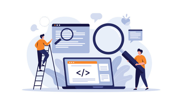 Team of software developers use magnifying glasses to inspect code on a laptop screen and web windows to symbolize debugging and analysis.