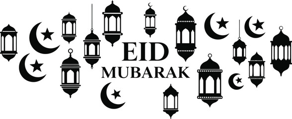 Eid mubarak greeting card with lanterns and crescent moons in black and white. © ZASNA