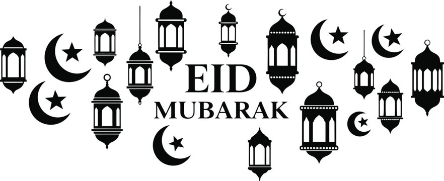 Eid mubarak greeting card with lanterns and crescent moons in black and white.