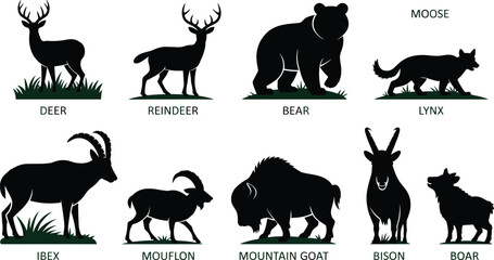 Black vector silhouette set of forest and mountain animals including deer reindeer bear lynx ibex mouflon mountain goat bison and boar for wildlife nature branding © MdHasmot