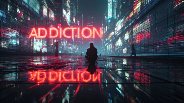 A contemplative figure sits in a dystopian urban landscape under a neon sign that reads ADDICTION. ..Created with Generative AI, not depicting real subjects.