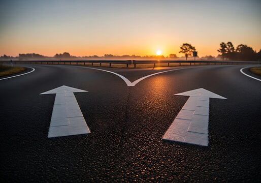 A fork in the road with two white arrows pointing upwards at sunset
