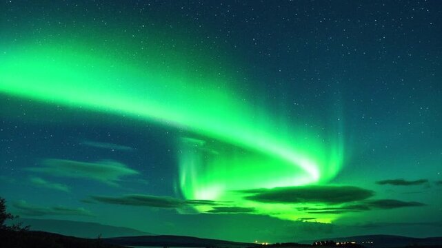 Aurora Borealis Milky Way Galaxy Reflections on Lake Simulated Nothern Lights, Time-lapse of ever-changing colorful aurora.
a dramatic night view with the bright green aurora borealis.