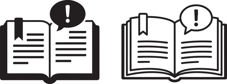 Educational open book icon with bookmark and exclamation mark speech bubble representing important information guide manual textbook learning instructions symbols
