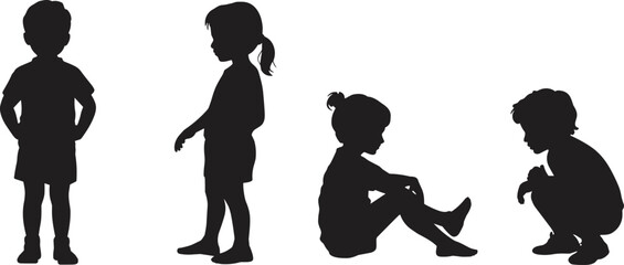 Obraz premium Black vector silhouette set of young children in various poses including standing sitting and crouching for childhood education family branding and youth development design
