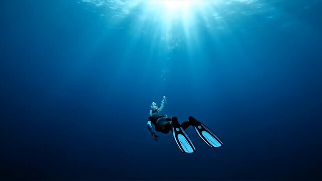 Freediver Descending into Deep Blue Ocean with Sun Rays.