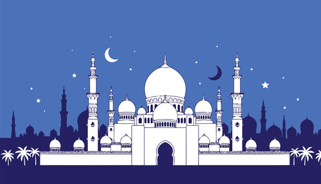 AdBlue Ramadan night background with white mosque and crescent moon