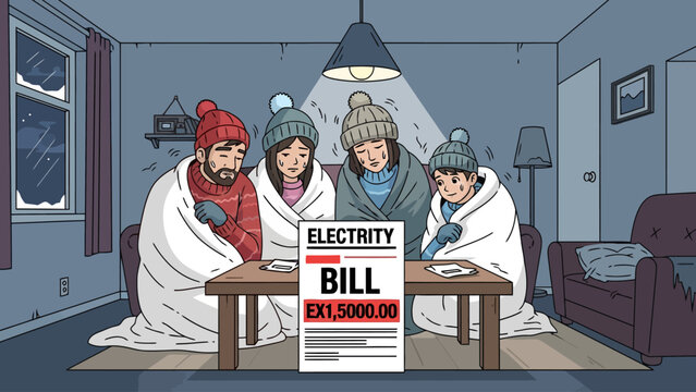 Family huddled under blankets distressed by a large electricity bill