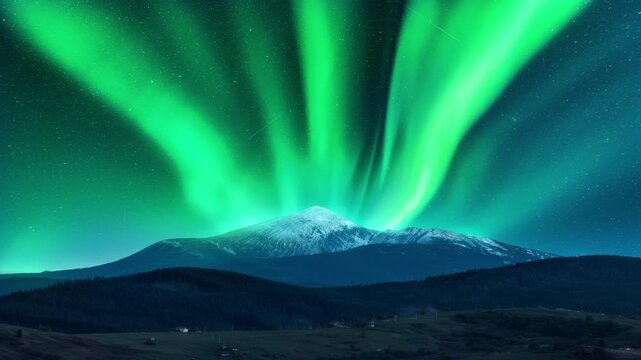Aurora Borealis Milky Way Galaxy Reflections on Lake Simulated Nothern Lights, Time-lapse of ever-changing colorful aurora.
a dramatic night view with the bright green aurora borealis.