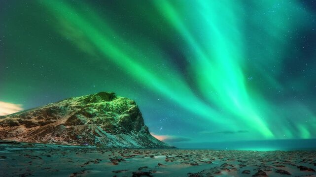 This animation of the northern lights was created in Adobe After Effects. Northern lights and the starry sky reflecting on the water.
Beautiful green and red aurora dancing over the hills.