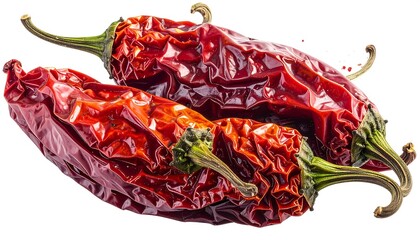 Three dried red chili peppers with green stems