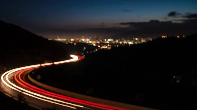 Winding Night Journey Focus on the perspective of a winding road at night, with light trails guiding the view, conveying travel and movement through a dark landscape.