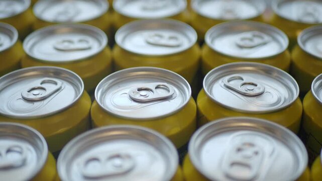Many rows of unopened yellow soda cans neatly arranged in a studio setting with a shallow depth of field