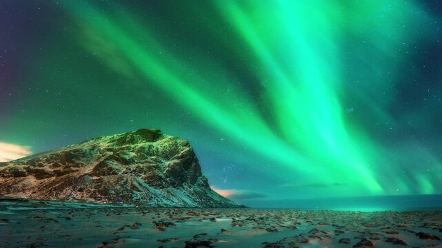 This animation of the northern lights was created in Adobe After Effects. Northern lights and the starry sky reflecting on the water.
Beautiful green and red aurora dancing over the hills.