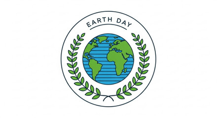 Earth day logo with globe and laurel wreath on white background symbolizing environmental conservation and sustainability