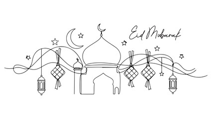Obraz premium A minimalist line art illustration of a mosque with a crescent moon, stars, lanterns, and ketupat decorations, celebrating Eid Mubarak.
