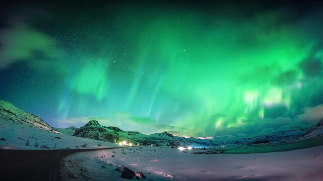 This animation of the northern lights was created in Adobe After Effects. Northern lights and the starry sky reflecting on the water.
Beautiful green and red aurora dancing over the hills.