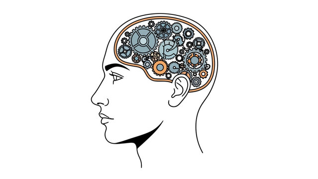 Profile outline of a head showing internal gears representing the brain