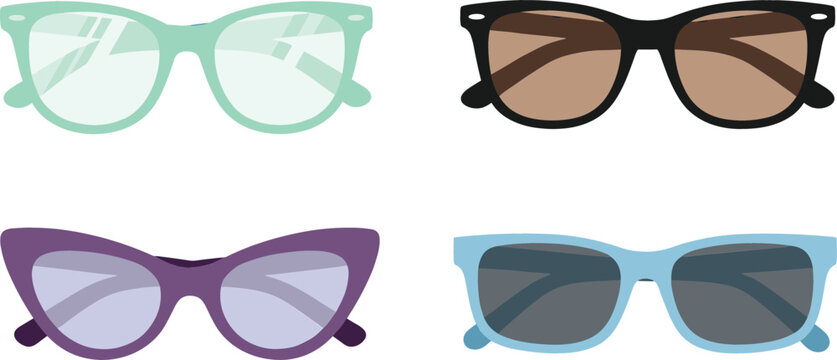 Collection of stylish sunglasses and eyeglasses frames in different colors and shapes, flat vector illustration isolated on white for fashion design.