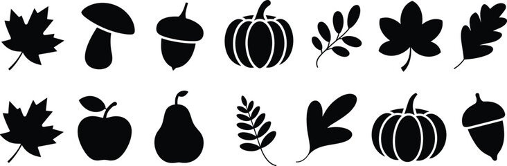 Set of autumn nature silhouettes including maple leaves, oak leaf, pumpkin, acorn, mushroom, apple, pear, and rowan branch for fall designs. © clickwavebd