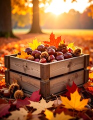 A wooden crate filled with chestnuts and leaves