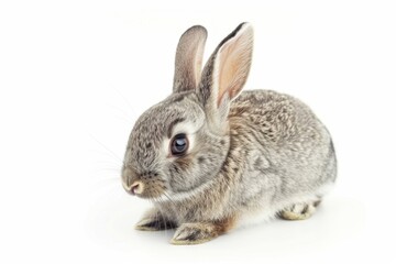 Obraz premium Cute gray rabbit sitting on a white background showcasing its fluffy fur and curious expression perfect for pet, animal care, or nature themed projects. Generative AI