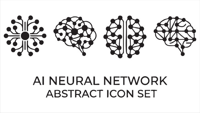 Set of four ai neural network abstract icons depicting interconnected brain-like structures and digital pathways
