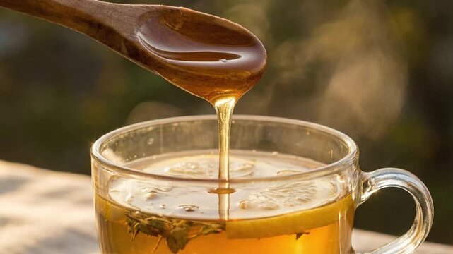 Natural honey lemon herbal tea infusion pouring from wooden spoon into steaming glass cup with honey drizzle and cozy golden sunlight energizing steam