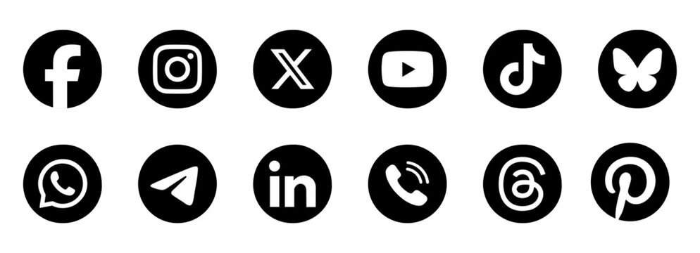Social media logo icons svg . Facebook, Instagram, X , YouTube, LinkedIn, Threads, Pinterest, Telegram, Bluesky, WhatsApp & TikTok . vector circle button set 2026