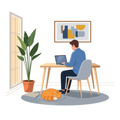 Fototapeta premium Man working on laptop at home desk with cat sleeping nearby, natural light from window.