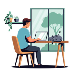 Fototapeta premium Man working on laptop at desk with cat sleeping nearby, home office, window view