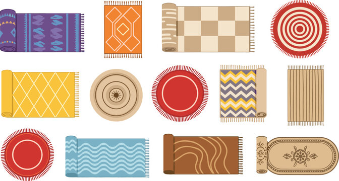 Large collection of colorful interior rugs and carpets with geometric patterns and fringe, flat vector illustration isolated on white for home decor design.