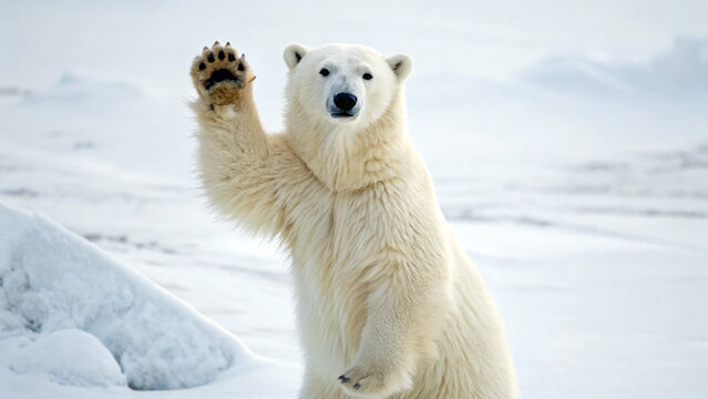 Polar bear waves while standing on ice in a snowy landscape during winter season in the Arctic region