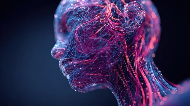 Abstract digital artwork showing a human head and neck rendered with intricate network of colorful lines and glowing particles. ..Created with Generative AI, not depicting real subjects.