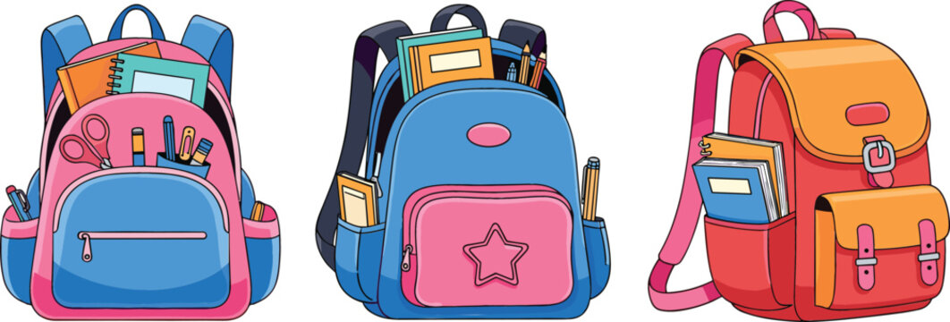 Set of colorful school backpacks and rucksacks filled with notebooks, pens, and scissors, flat vector illustration isolated on white background for education.