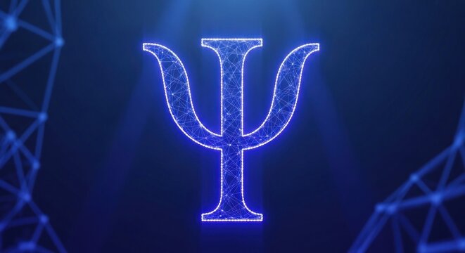 Glowing blue psi symbol amidst a network of connected nodes in a digital space