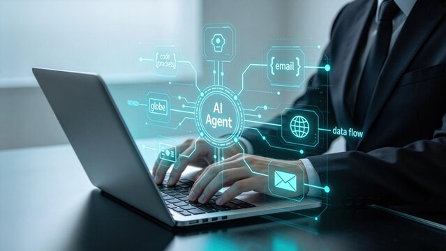 AI agent interface on laptop screen,artificial intelligence automation concept with data flow,email and code integration,modern business technology background