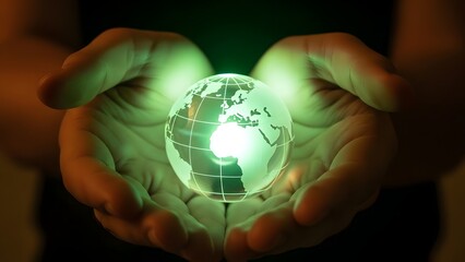 Futuristic digital globe in hands with green tech innovation glow