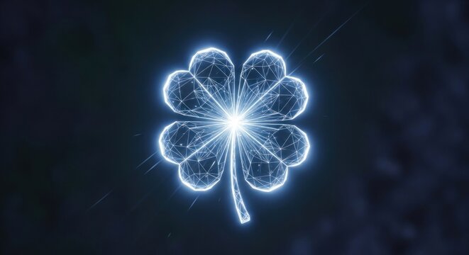 Illuminated four-leaf clover glowing with a network of connected lines, dark background