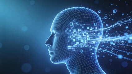 Digital human head with data cubes and network connections,artificial intelligence and big data visualization concept,advanced technology and machine learning background