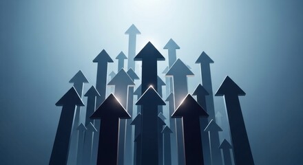 Multiple dark arrows pointing upwards against a hazy blue background, suggesting growth