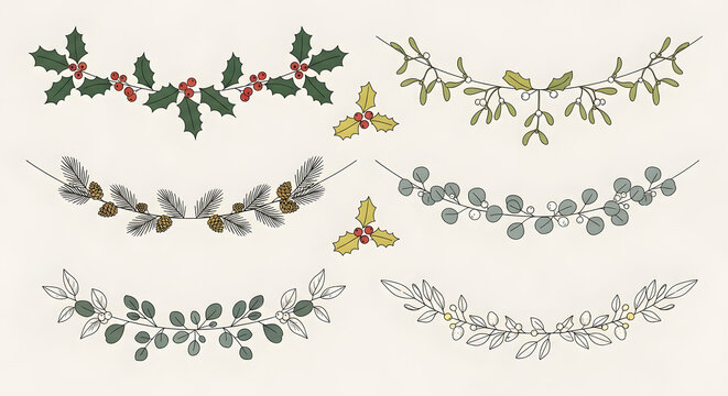 Vintage Christmas botanical border set, hand drawn winter greenery garlands with holly and mistletoe, rustic holiday floral dividers for invitations