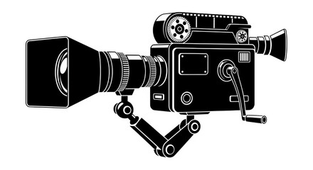 Vintage film camera with large lens on tripod stand