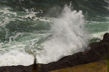 Powerful Tropical Ocean Waves Crashing on Volcanic Rocks &ndash; Dramatic Bali Seascape Energy